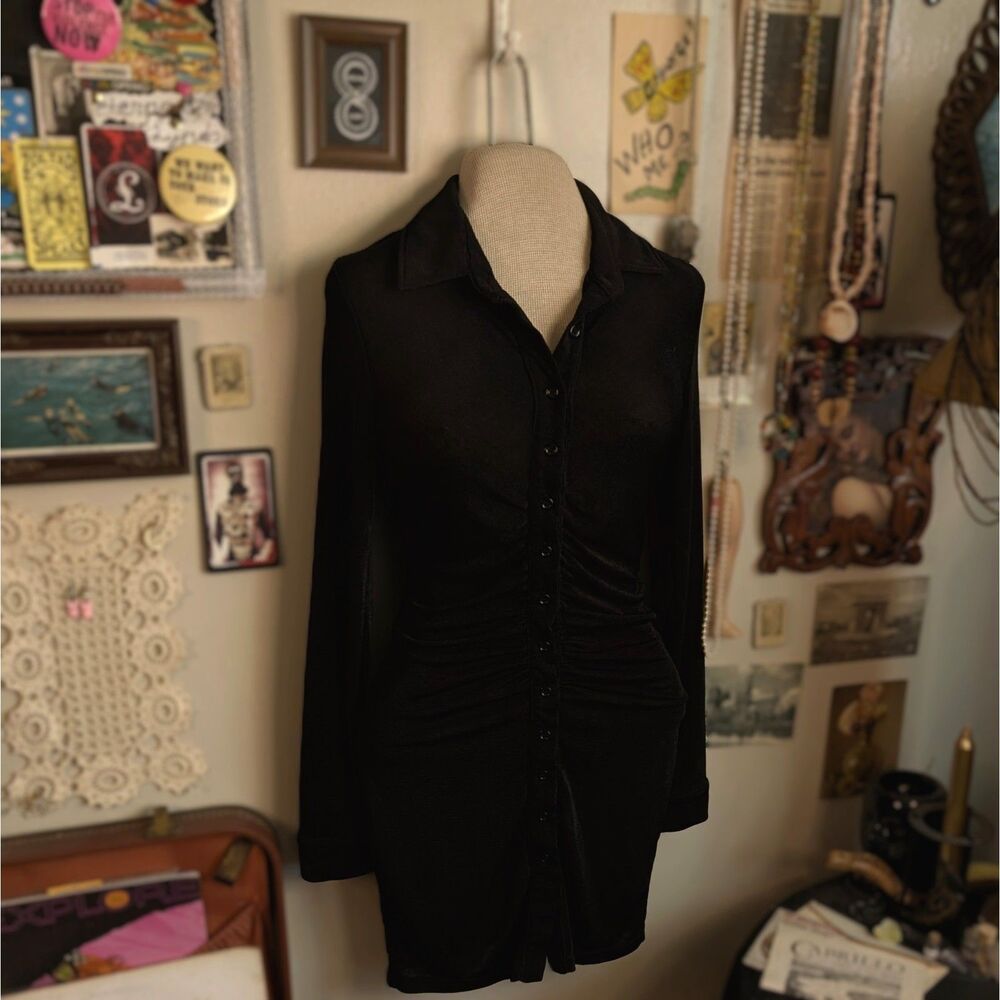 Ruched Button Down Mini Dress Women's Small Black